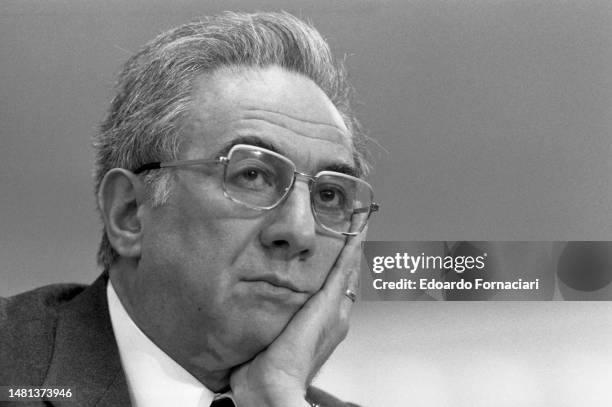 The Christian Democrat Leader Francesco Cossiga, President of the Council of Ministers of the Italian Republic during a politic meeting, Rome,...