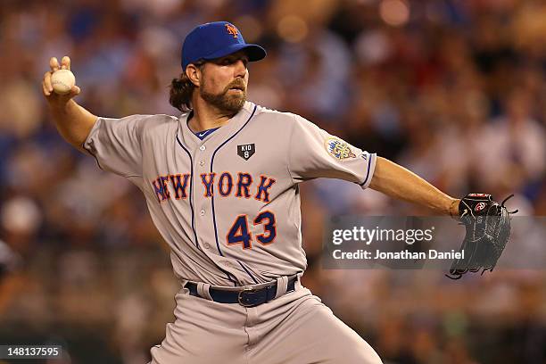 National League All-Star R.A. Dickey of the New York Mets pitches in the sixth inning during the 83rd MLB All-Star Game at Kauffman Stadium on July...