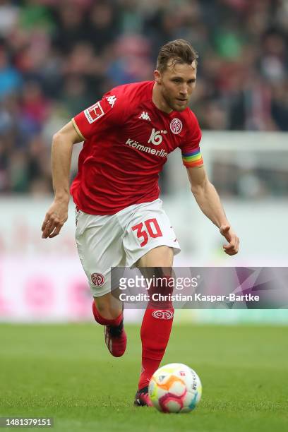 Silvan Widmer of 1. FSV Mainz 05 in action during the Bundesliga match between 1. FSV Mainz 05 and SV Werder Bremen at MEWA Arena on April 08, 2023...