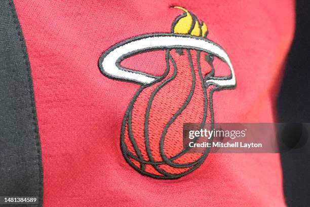 The Miami Heat logo on pair of shorts during a NBA basketball game against the Washington Wizards at Capital One Arena on April 07, 2023 in...