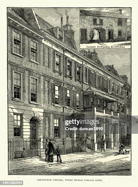 cheyne row, chelsea, london where thomas carlyle was a british essayist, historian, and philosopher lived and his birth place in ecclefechan, scotland - chelsea stock illustrations