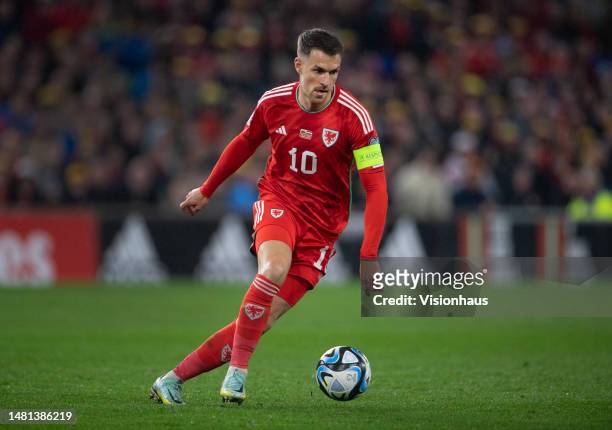 Aaron Ramsey of Wales in action during the UEFA EURO 2024 qualifying round group D match between Wales and Latvia at Cardiff City Stadium on March...