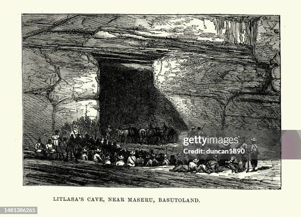 litasa's cave near maseru, basutoland, present-day lesotho, 1880s, 19th century - lesotho cave stock illustrations