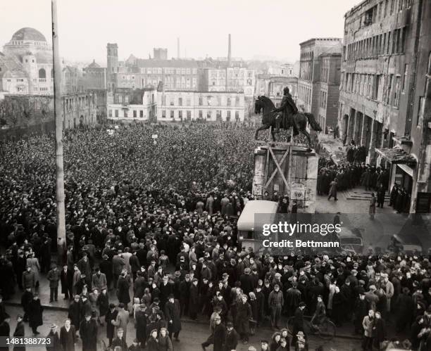 Workers in the German city of Essen in the Ruhr Valley, on strike for better food rations, gather in the Burgplatz square to hear union leaders'...