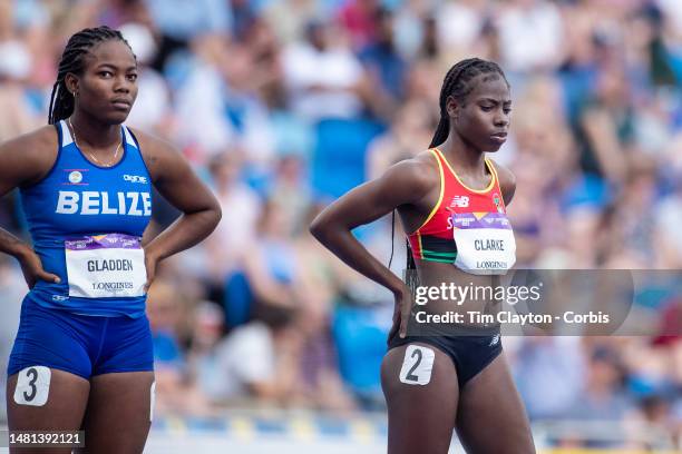 Hilary Gladden of Belize and Amya Clarke of St Kitts and Nevis preparing for the start of the Women's 100m - Round 1 - Heat 2 at the Athletics...