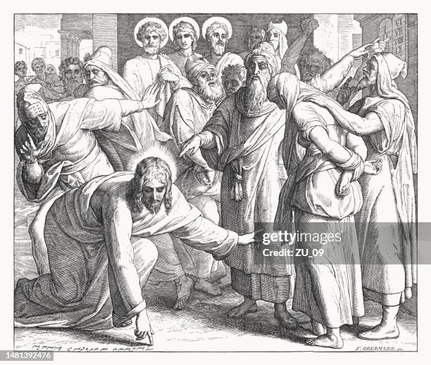 jesus and the adulteress (john 8, 3-8), woodcut, published 1860 - gospel writers stock illustrations