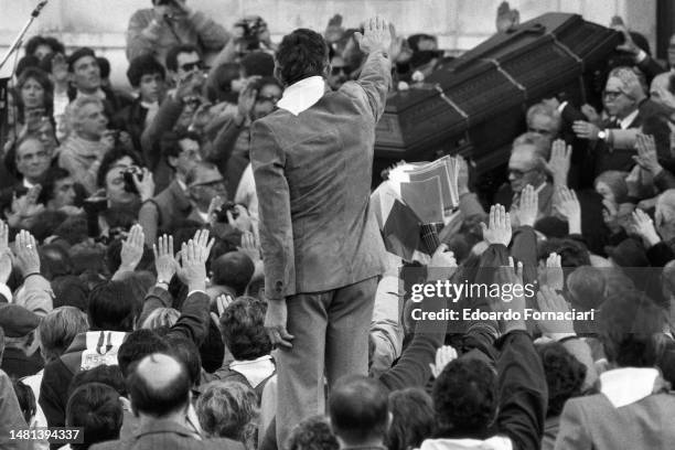 Solemn funeral of Rachele Mussolini, widow of Benito Mussolini, Predappio, November 01, 1979. Present are his son Vittorio Mussolini , Giorgio...