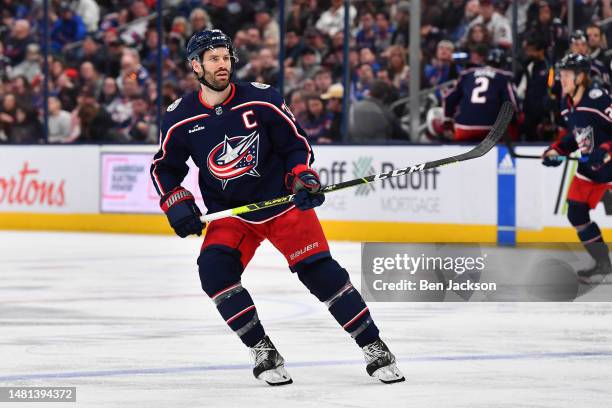 Boone Jenner of the Columbus Blue Jackets skates during the third period of a game against the New York Rangers at Nationwide Arena on April 8, 2023...