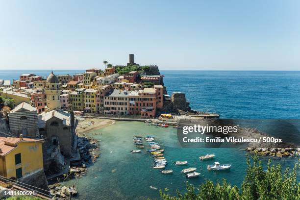 high angle view of townscape by sea against clear sky,romania - luogo dabitazione foto e immagini stock