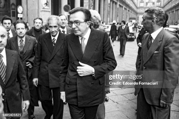 Christian Democratic leaders Giulio Andreotti , Aldo Moro and Faminio Piccoli during the funeral of Giorgio La Pira, Florence, November 07, 1977.