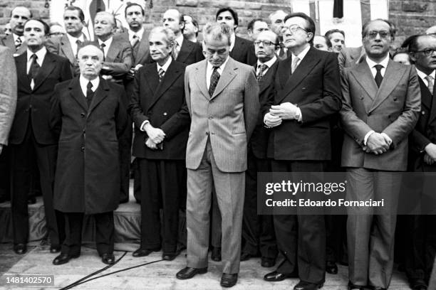 Italian politicians Amintore Fanfani, Aldo Moro, Pietro Ingrao, Giulio Andreotti and Emilio Colombo during the funeral of Giorgio La Pira, Florence,...
