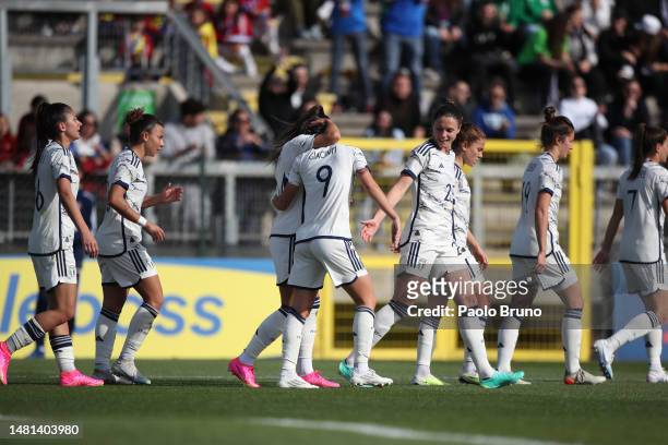 Valentina Giacinti of Italy women with her teammates celebrates after scoring the opening goal during the International friendly match between Italy...