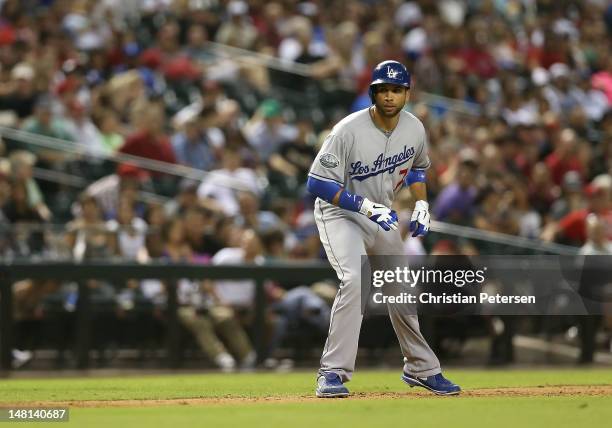 James Loney of the Los Angeles Dodgers leads off third base during the MLB game against the Arizona Diamondbacks at Chase Field on July 5, 2012 in...