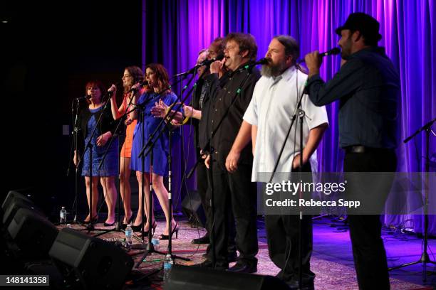 Carnie Wilson, Ambha Love, Wendy Wilson, Matt Jardine, Christian Love, Adam Jardine, Justyn Wilson and Carl Wilson of California Saga perform onstage...