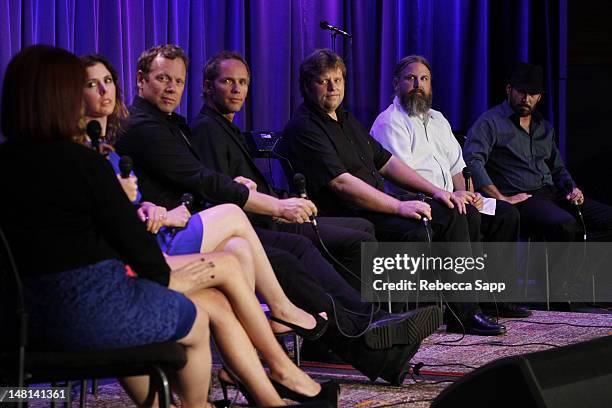 Carnie Wilson, Ambha Love, Wendy Wilson, Matt Jardine, Christian Love, Adam Jardine, Justyn Wilson and Carl Wilson of California Saga speak onstage...