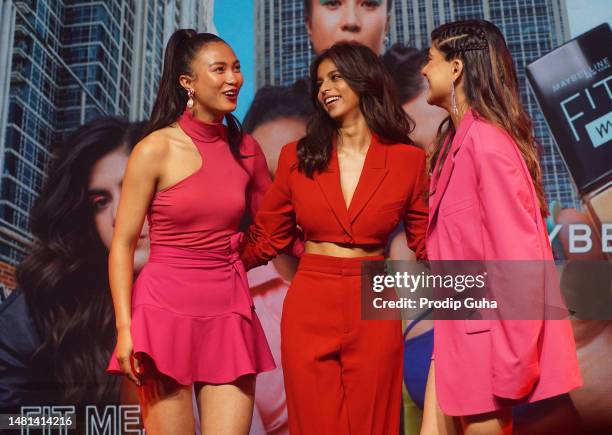 Eksha Kerung,Suhana Khan and Ananya Birla attend the Maybelline new work new product launch on Aprill 11, 2023 in Mumbai, India