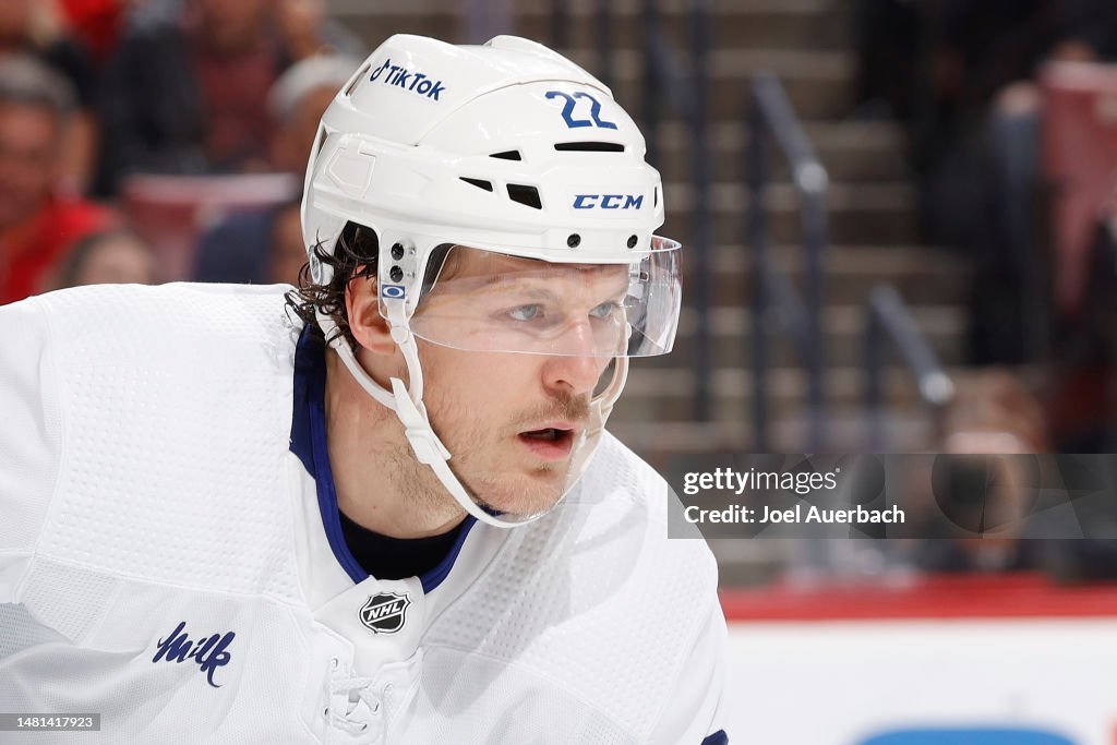 Jake McCabe of the Toronto Maple Leafs prepares for a faceoff... News