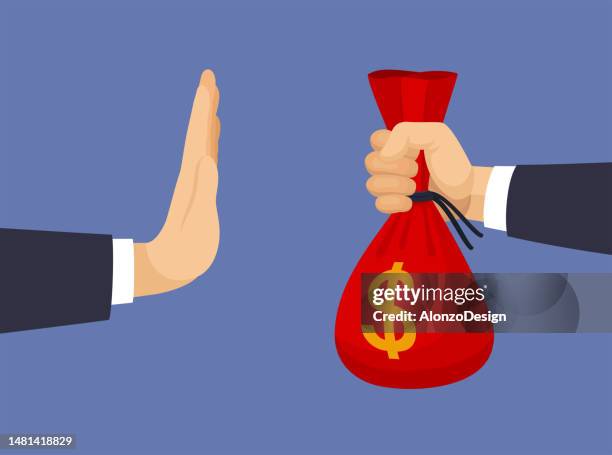 hand refusing offered bag of money with dollar sign. stop corruption symbol concept. anti corruption day. - global anti corruption stock illustrations