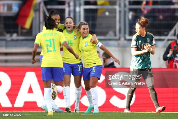 Luana Paixao of Brazil celebrates with teammates after scoring their side's first goal during the Women's international friendly between Germany and...