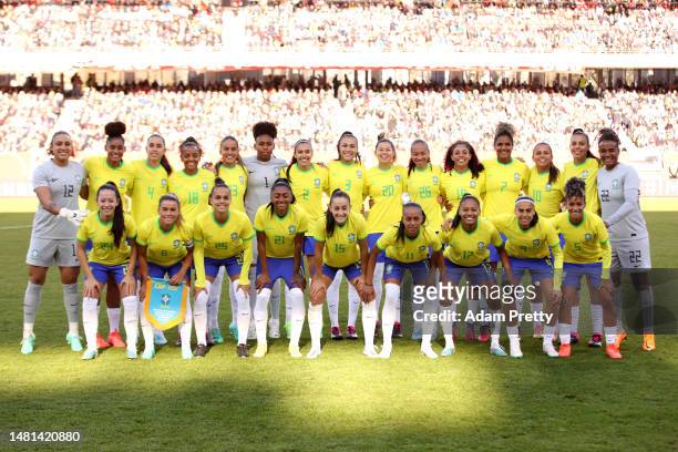 Germany and Brazil players pose for a photo prior to the Women's international friendly between Germany and Brazil at Max-Morlock-Stadion on April...