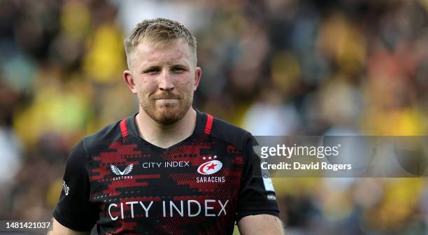 Jackson Wray of Saracens looks on during the Heineken Champions Cup match between Stade Rochelais and Saracens at Stade Marcel Deflandre on April 09,...