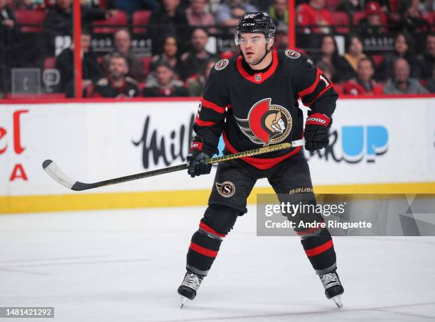 Alex DeBrincat of the Ottawa Senators skates against the Carolina Hurricanes at Canadian Tire Centre on April 10, 2023 in Ottawa, Ontario, Canada.