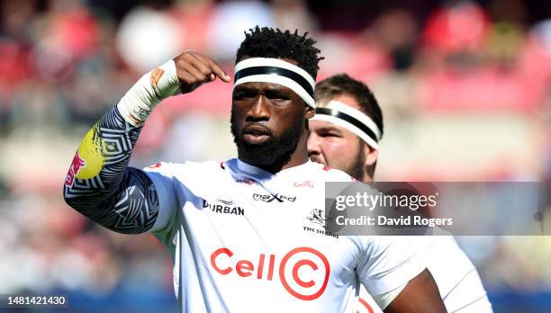 Siya Kolisi of the Sharks looks on in the warm up during the Heineken Champions Cup match between Toulouse and Sharks at Stade Ernest Wallon on April...