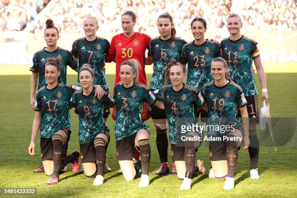 Germany players pose for a phot prior to the Women's international friendly between Germany and Brazil at Max-Morlock-Stadion on April 11, 2023 in...