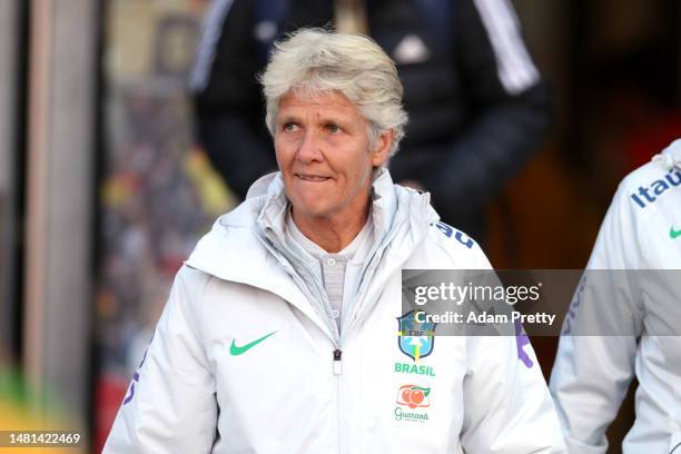 Brazil Head Coach, Pia Sundhage looks on prior to the Women's international friendly between Germany and Brazil at Max-Morlock-Stadion on April 11,...
