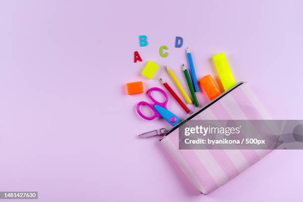 back to school concept school supplies in pencil case pink background with copy space flat lay,kazakhstan - trousse d'écolier photos et images de collection