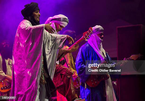 Tinariwen Band performs on stage at Nice Jazz Festival on July 10, 2012 in Nice, France.