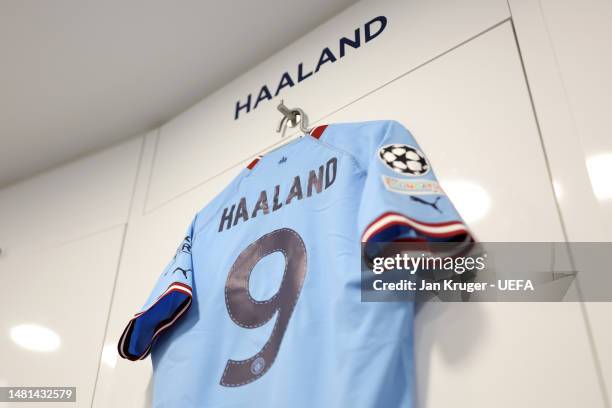 The shirt of Erling Haaland is displayed inside the Manchester City dressing room prior to the UEFA Champions League quarterfinal first leg match...