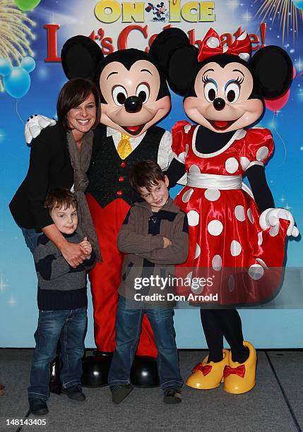 Natarsha Belling poses alongside sons Hugo and Harrison at the Disney On Ice Premiere at Allphones Arena on July 11, 2012 in Sydney, Australia.