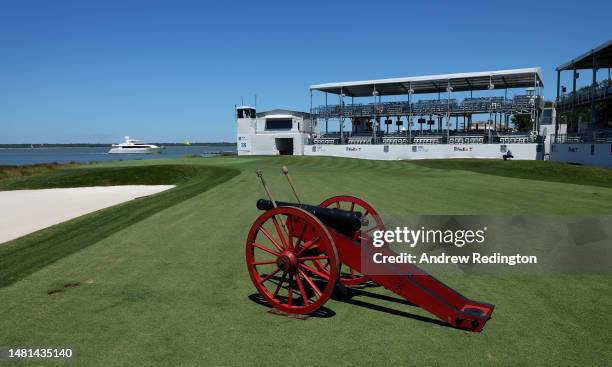 General view of a ceremonial cannon and the 18th green prior to the RBC Heritage at Harbour Town Golf Links on April 11, 2023 in Beaufort, South...