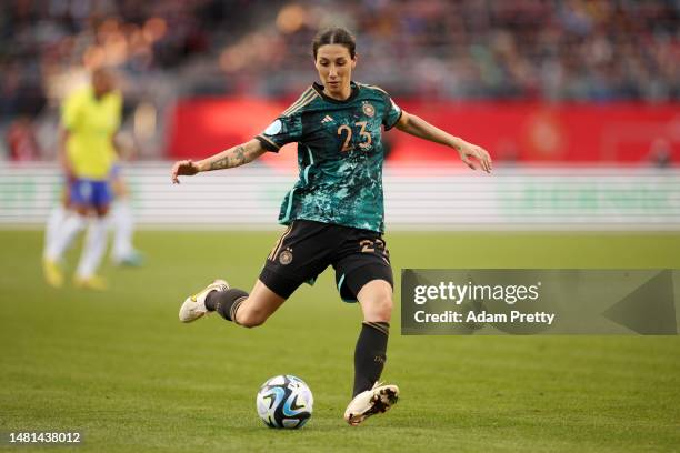 Sara Doorsoun of Germany passes the ball during the Women's international friendly between Germany and Brazil at Max-Morlock-Stadion on April 11,...