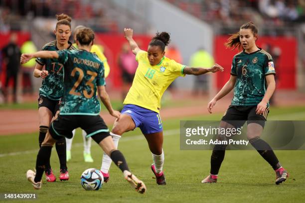 Geyse Da Silva Ferreira of Brazil reaches for the ball during the Women's international friendly between Germany and Brazil at Max-Morlock-Stadion on...