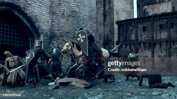 medieval fight scene with wounded soldiers on the ground - fantasy battle stock pictures, royalty-free photos & images