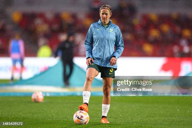 Aivi Luik of Australia warms up prior to the Women's International Friendly match between England and Australia at Gtech Community Stadium on April...