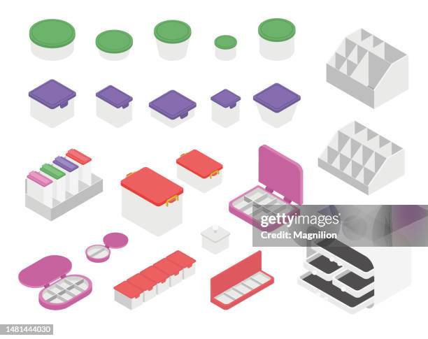 plastic food containers, medical containers, pill boxes, organizer, isometric vector - greek yogurt stock illustrations