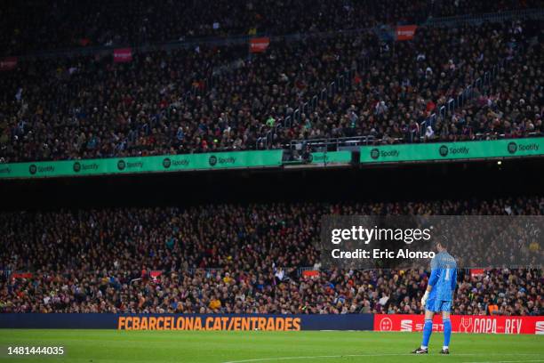 Thibaut Courtois of Real Madrid looks on during the Copa Del Rey Semi Final Second Leg match between FC Barcelona and Real Madrid CF at Spotify Camp...