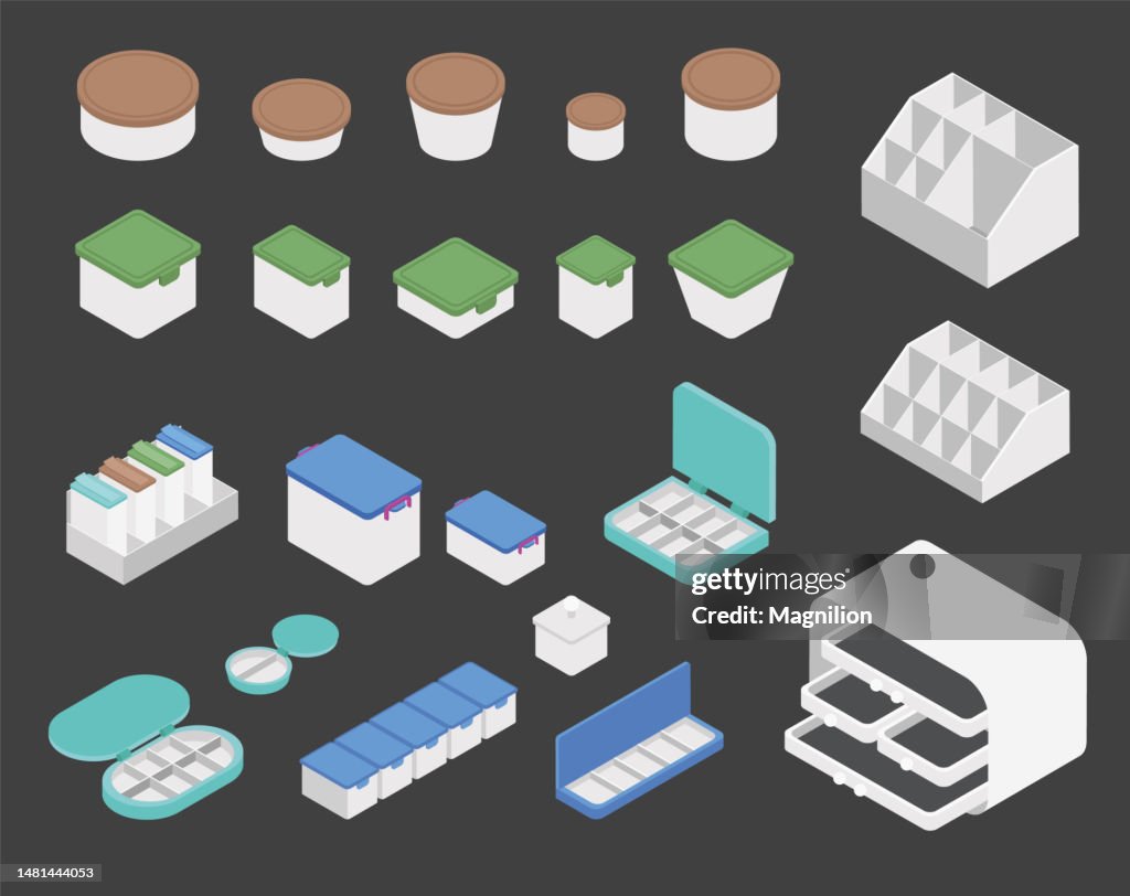 Plastic Food Containers, Medical Containers, Pill Boxes, Organizer, Isometric Vector