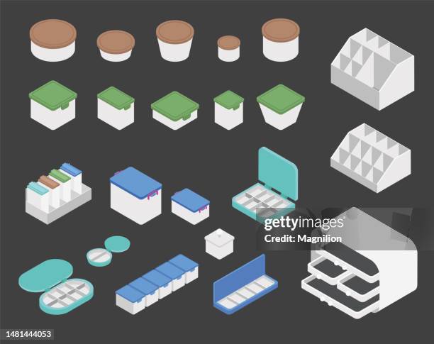plastic food containers, medical containers, pill boxes, organizer, isometric vector - yoghurt lid stock illustrations