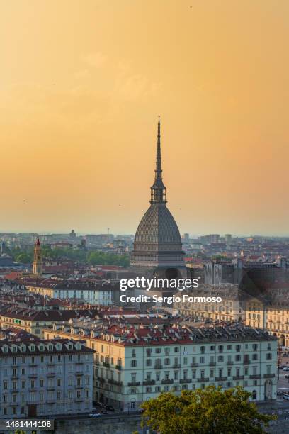 torino, italy. vertical cityscape at sunset - mole antonelliana stock-fotos und bilder