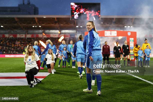 Keira Walsh of England looks on as they walk out prior to the Women's International Friendly match between England and Australia at Gtech Community...