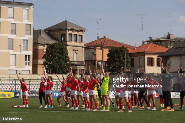 The Austria team celebrates following the final whistle of the UEFA Women's Under 19 Championship Round 2 match between Italy and Austria at Stadio...