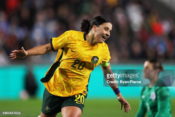 Sam Kerr of Australia celebrates after scoring the team's first goal during the Women's International Friendly match between England and Australia at...