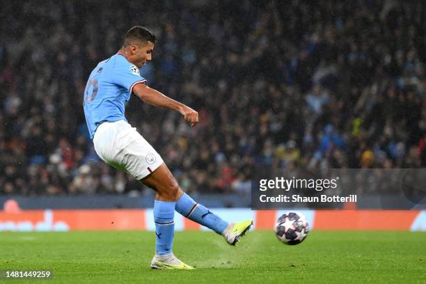 Rodri of Manchester City scores the team's first goal during the UEFA Champions League quarterfinal first leg match between Manchester City and FC...