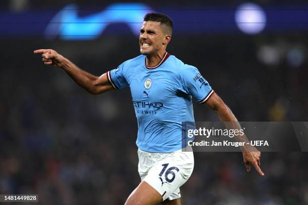 Rodri of Manchester City celebrates after scoring the team's first goal during the UEFA Champions League quarterfinal first leg match between...