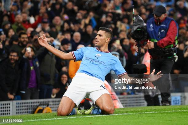 Rodri of Manchester City celebrates after scoring the team's first goal during the UEFA Champions League quarterfinal first leg match between...