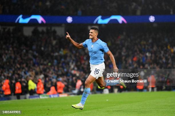 Rodri of Manchester City celebrates after scoring the team's first goal during the UEFA Champions League quarterfinal first leg match between...